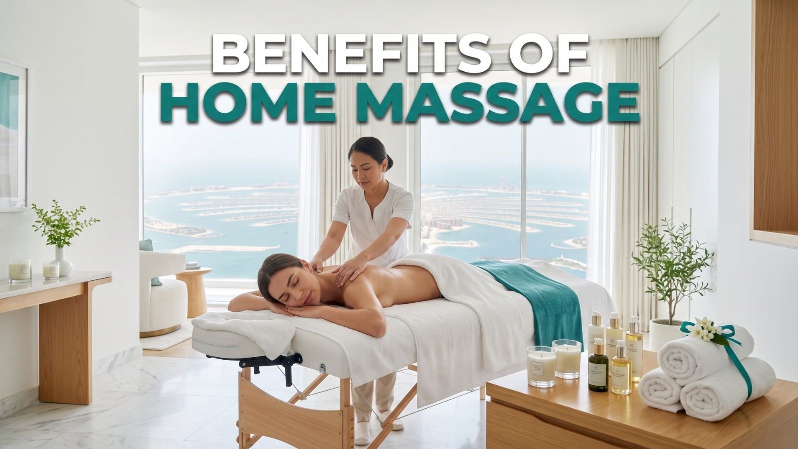 Relaxing home massage therapy in a luxury Palm Jumeirah villa highlighting the health and wellness benefits of professional massage.