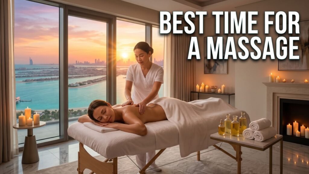 Relaxing evening home massage session inside a luxury Palm Jumeirah apartment with calming spa ambiance.