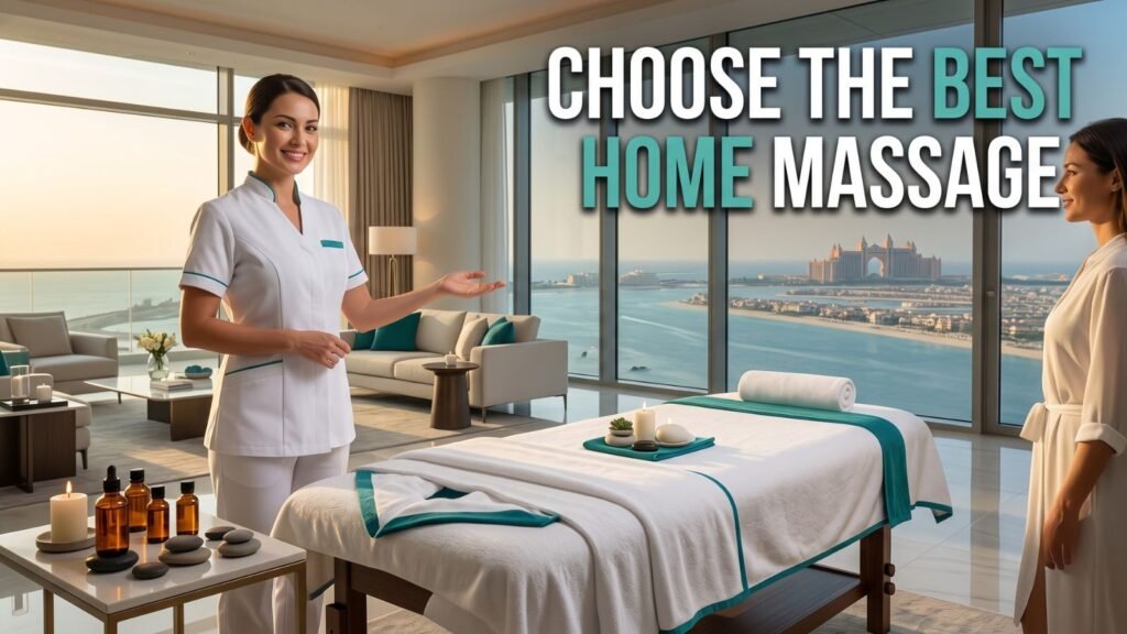 Professional massage therapist welcoming a client in a luxury Palm Jumeirah residence with a premium home massage setup.