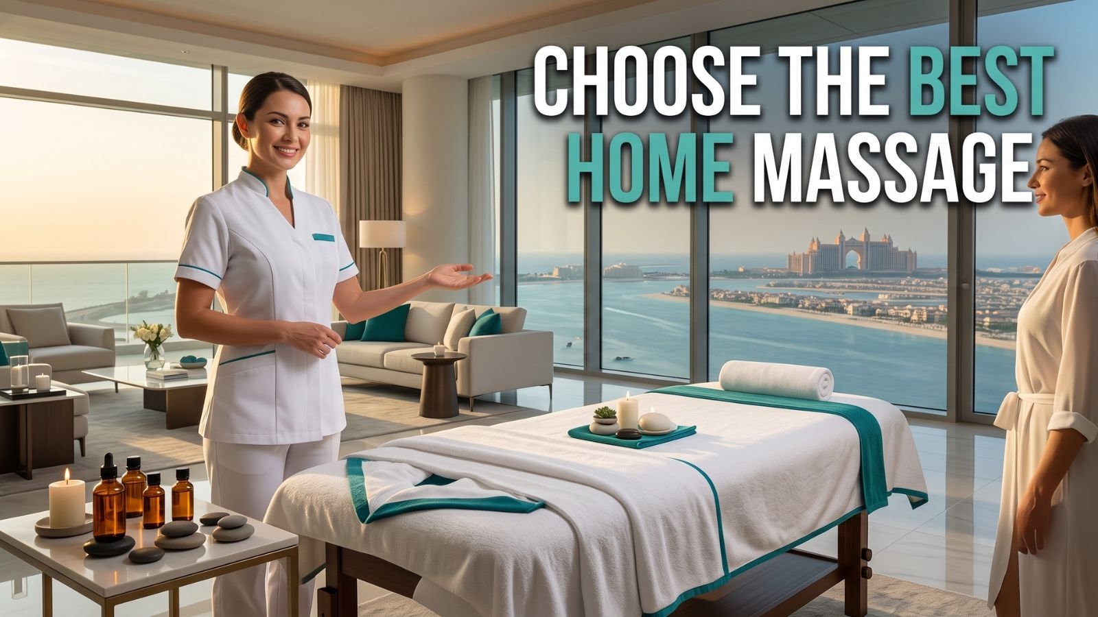 Professional massage therapist welcoming a client in a luxury Palm Jumeirah residence with a premium home massage setup.
