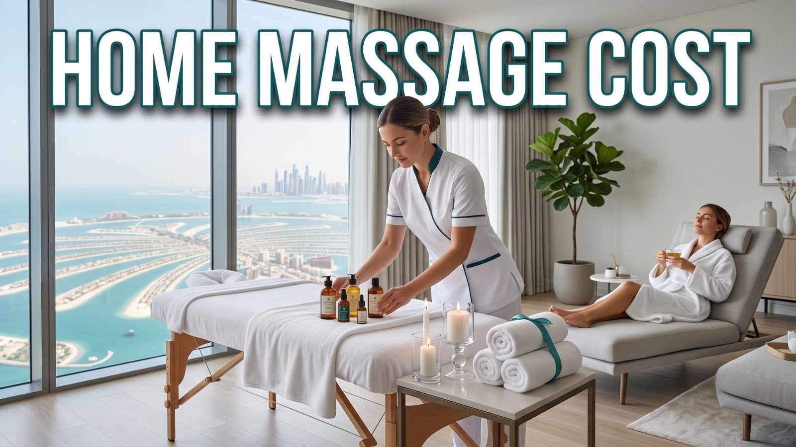 Professional home massage session in a luxury Palm Jumeirah apartment showing the cost and value of premium home massage services.
