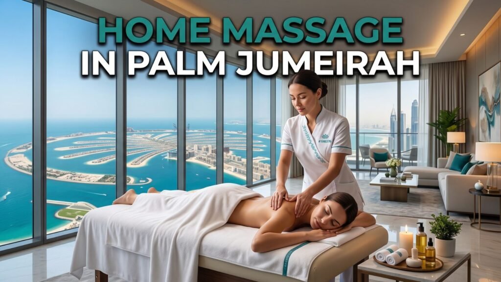 Professional home massage session inside a luxury Palm Jumeirah apartment with a certified massage therapist providing relaxing massage therapy.