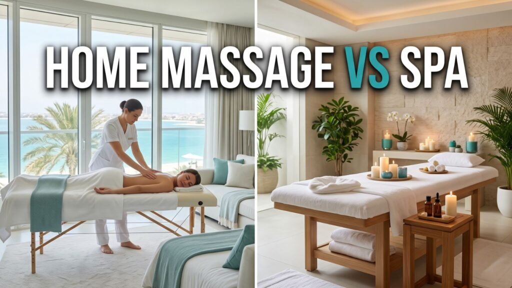 Comparison of a luxury home massage session and a premium spa massage experience in Palm Jumeirah.
