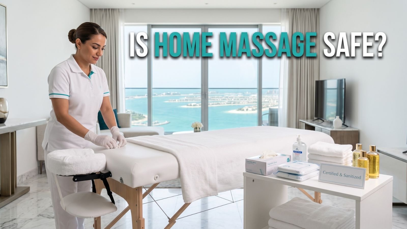 Certified massage therapist preparing a clean and hygienic home massage setup in a luxury Palm Jumeirah apartment.