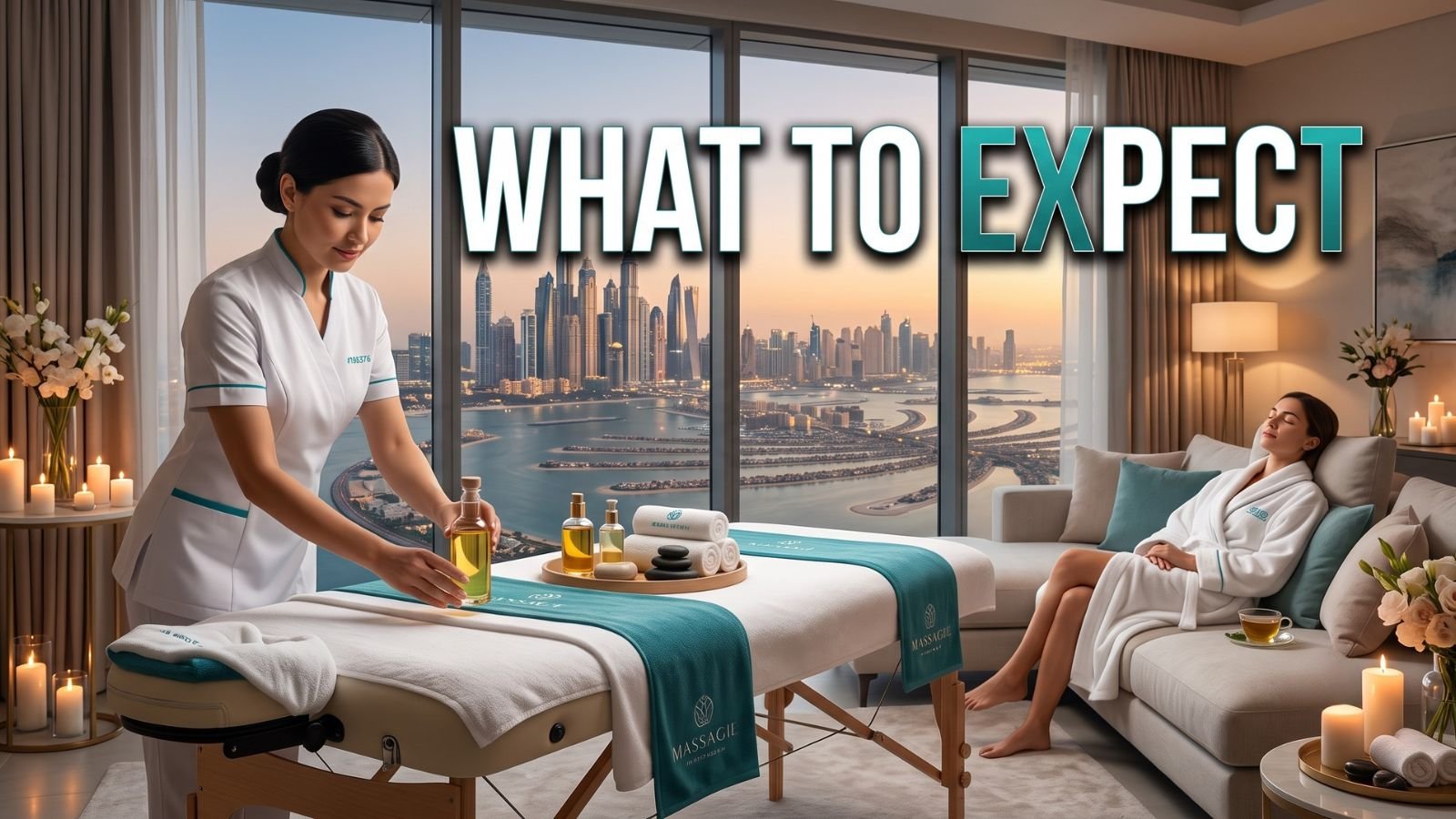 Luxury home massage setup in Palm Jumeirah with a therapist preparing massage oils, towels, and a premium massage table.