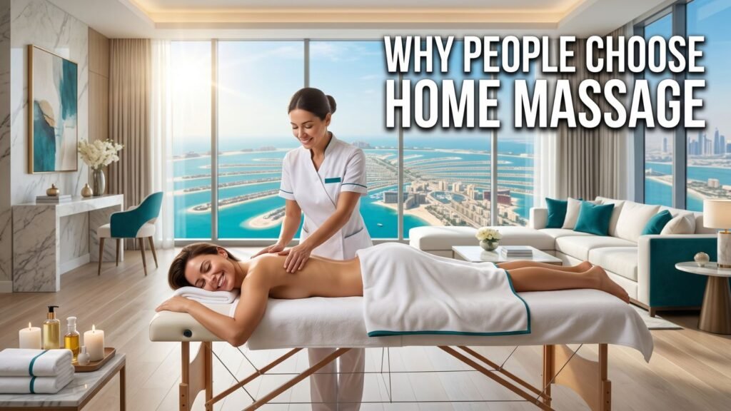 Luxury home massage session in Palm Jumeirah showing comfort, relaxation, and professional massage therapy.