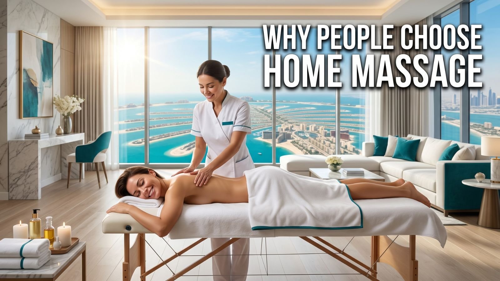 Luxury home massage session in Palm Jumeirah showing comfort, relaxation, and professional massage therapy.